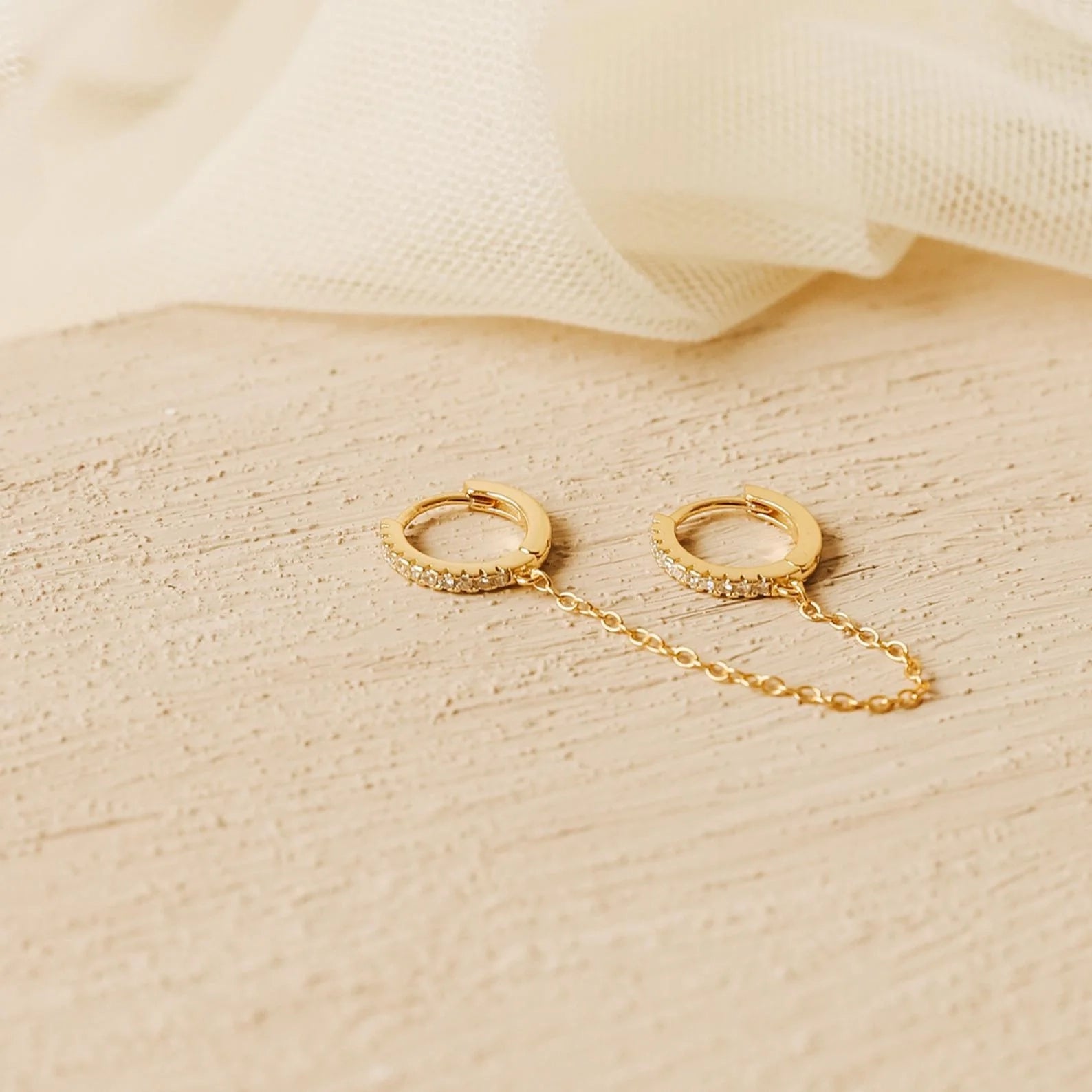 Diamond Pave Duo Chain Earring Silver 18K Gold Plated