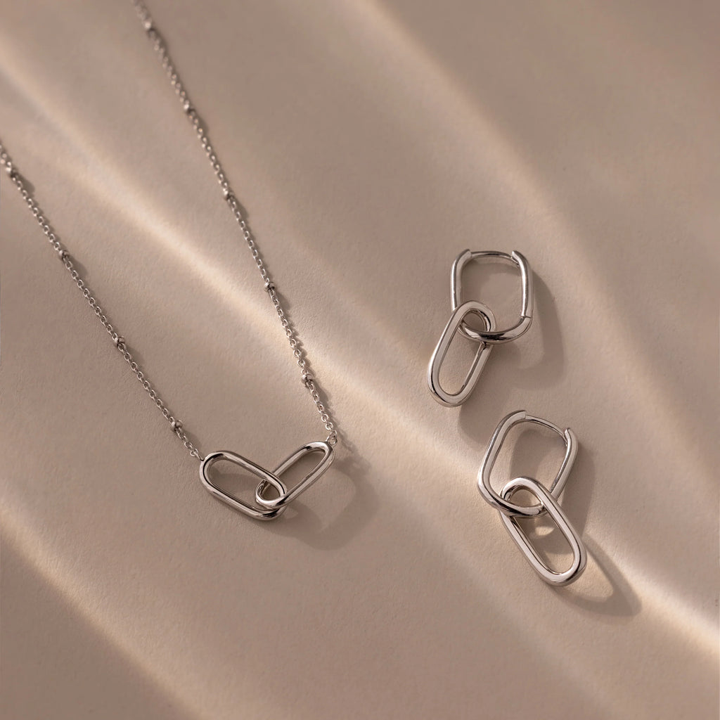 Linked Charm Necklace and Earrings Set Silver 18K Gold Plated