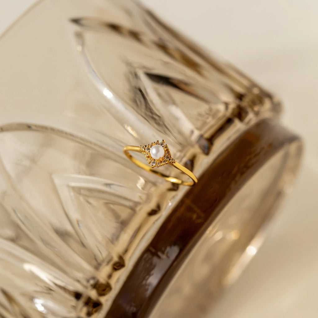 Pave Diamond Pearl Ring Silver 18K Gold Plated