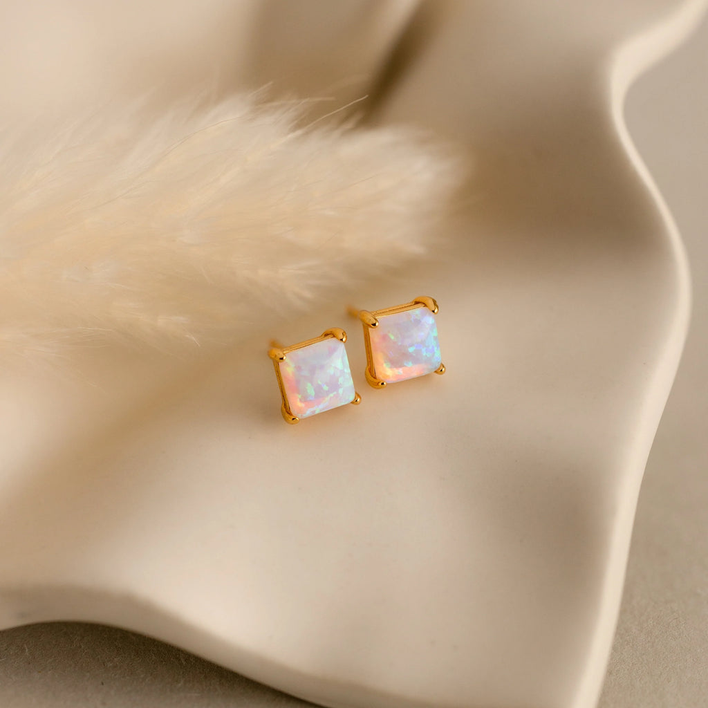 Princess Cut Opal Studs Silver 18K Gold Plated