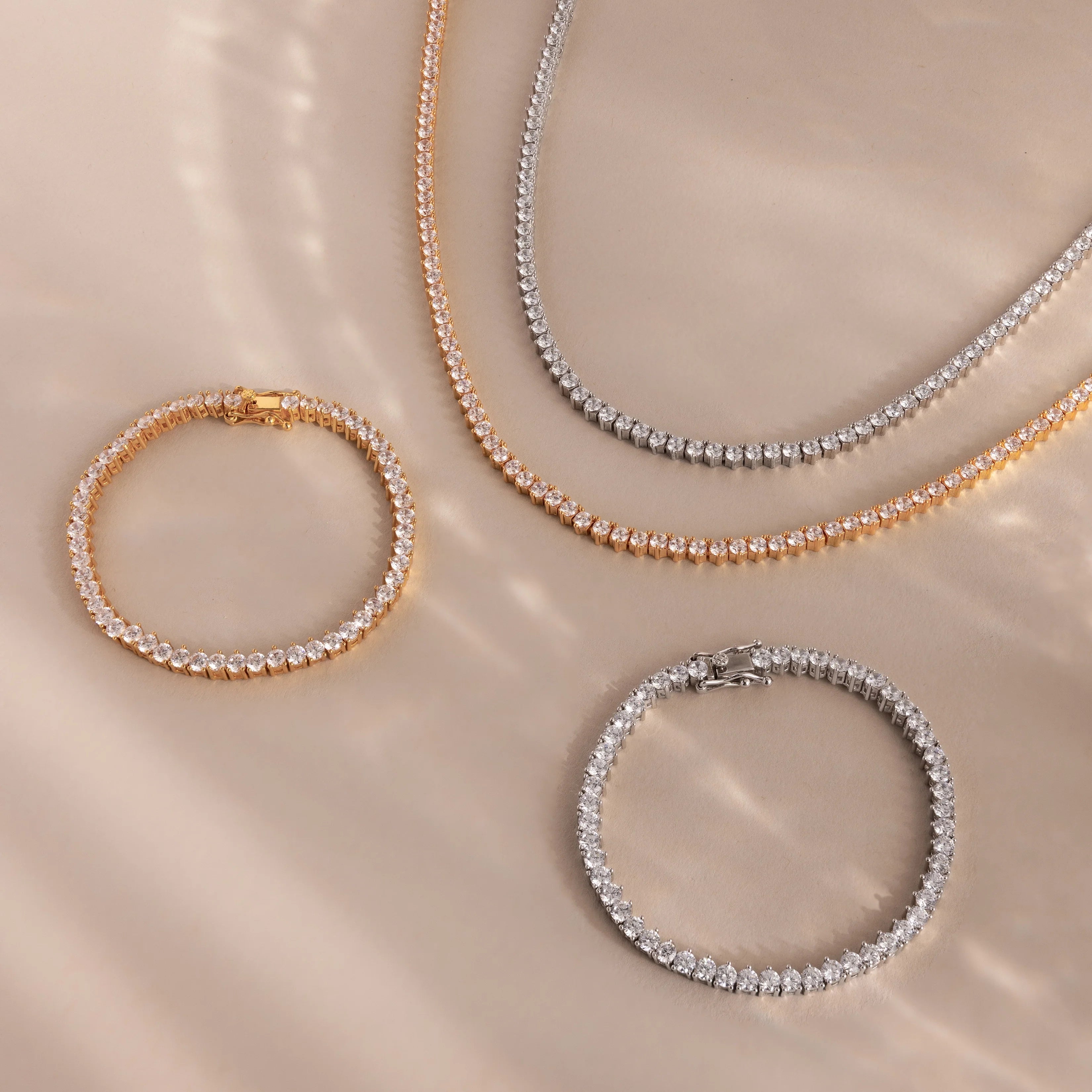 Diamond Tennis Necklace & Bracelet Set Silver 18K Gold Plated
