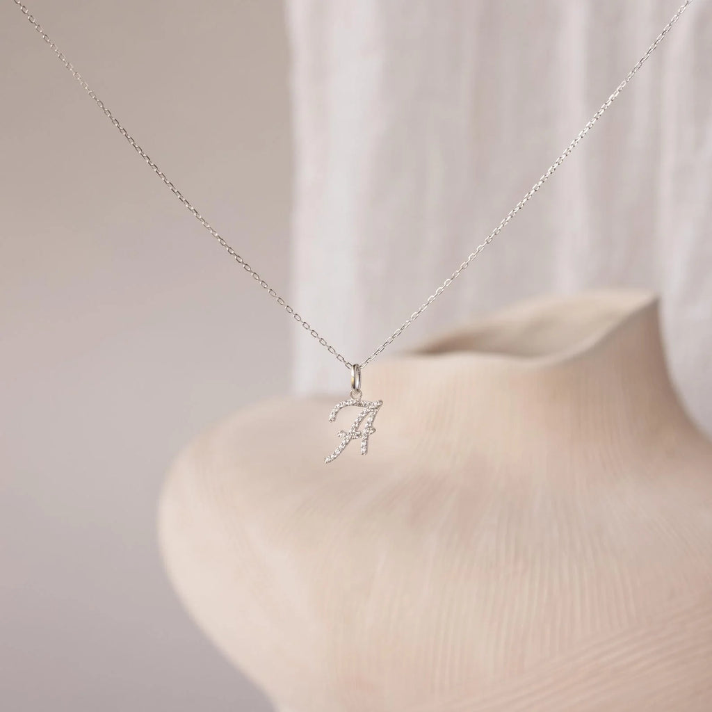 Diamond Pave Letter Charm Necklace Silver 18K Gold Plated