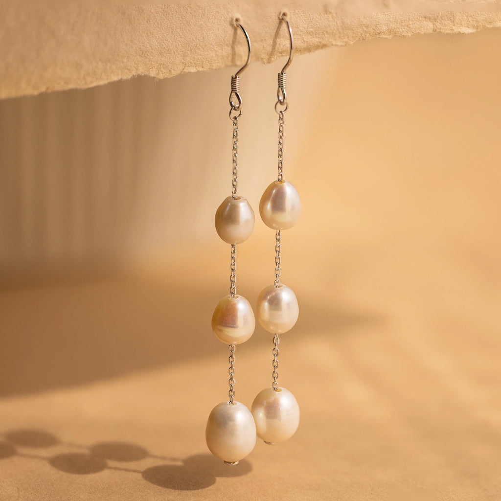 Long Pearl Dangle Earrings Silver 18K Gold Plated