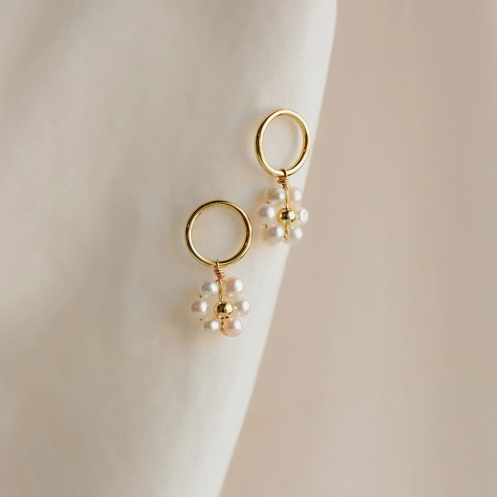 Flower Pearl Drop Earrings  Silver 18K Gold Plated