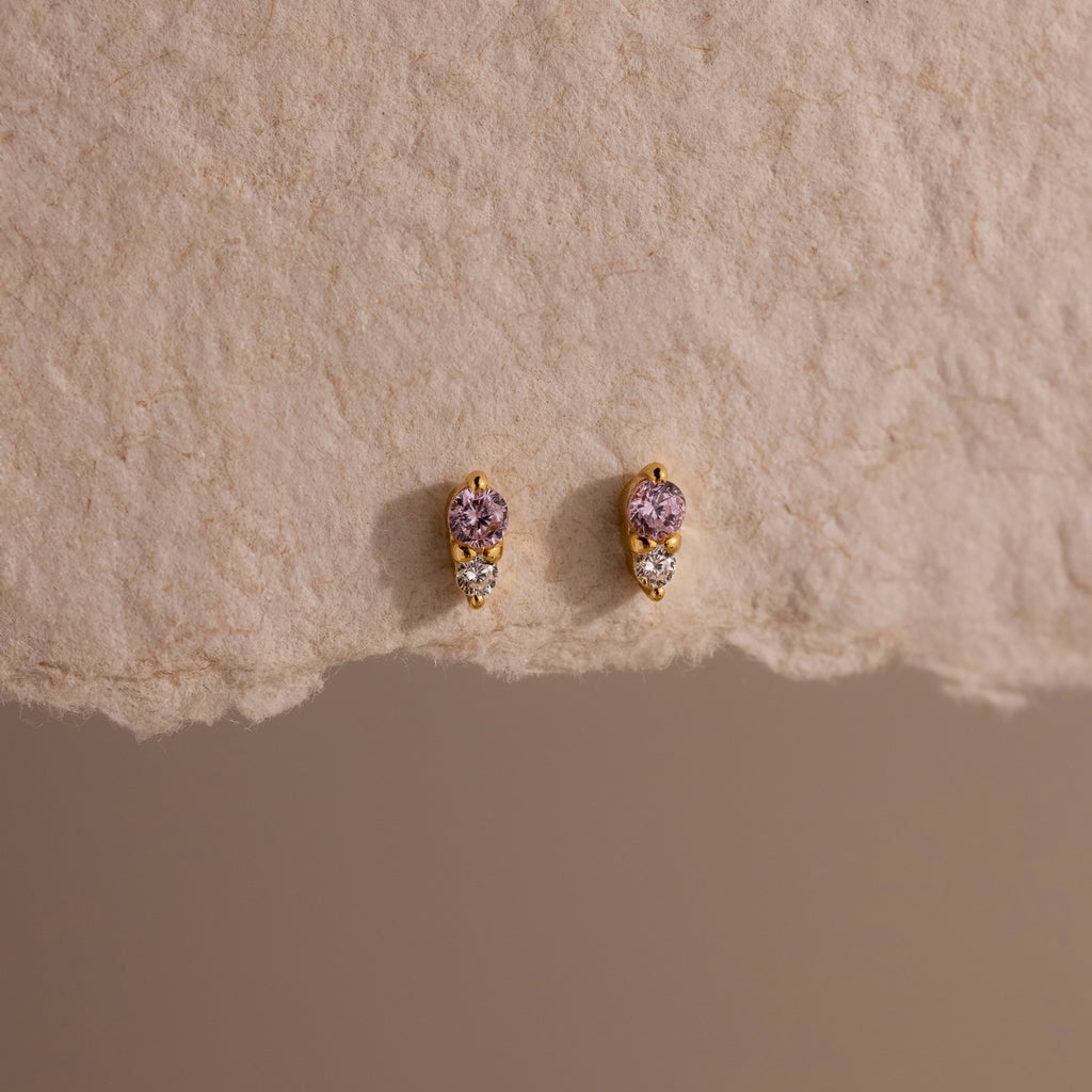 Diamond Pink Tourmaline Duo Flat Back Studs Silver 18K Gold Plated