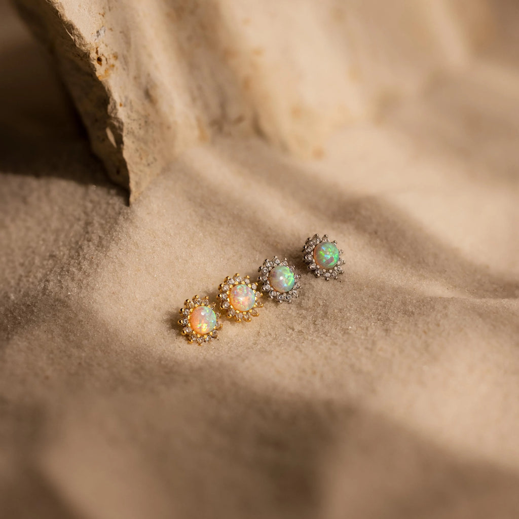 Diamond Opal Moon Studs Silver 18K Gold Plated