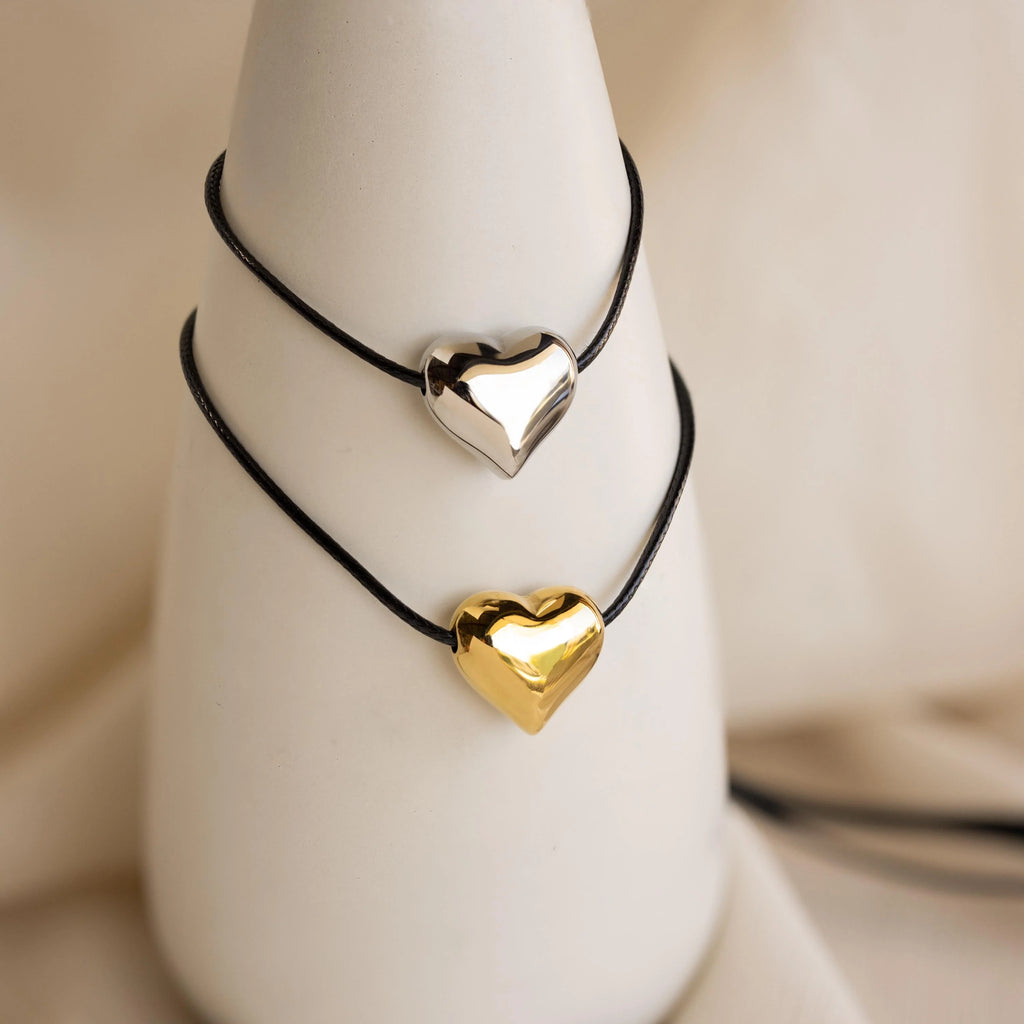 Chunky Puff Heart Necklace Silver 18K Gold Plated