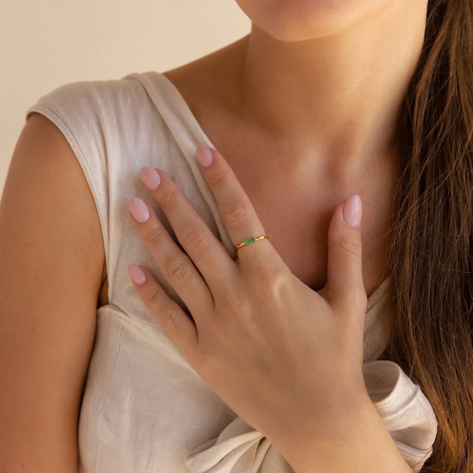 Jade Baguette Ring Silver 18K Gold Plated
