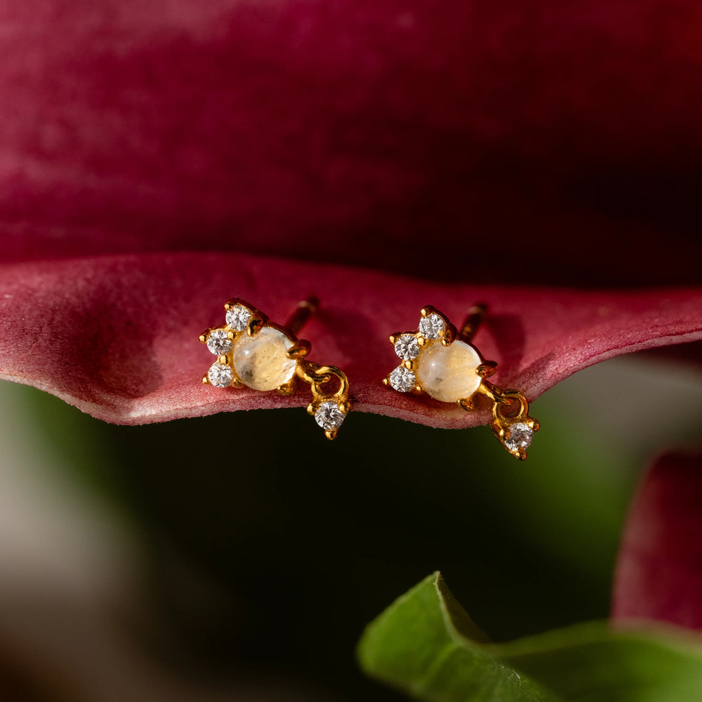 Halo Moonstone Drop Studs Silver 18K Gold Plated