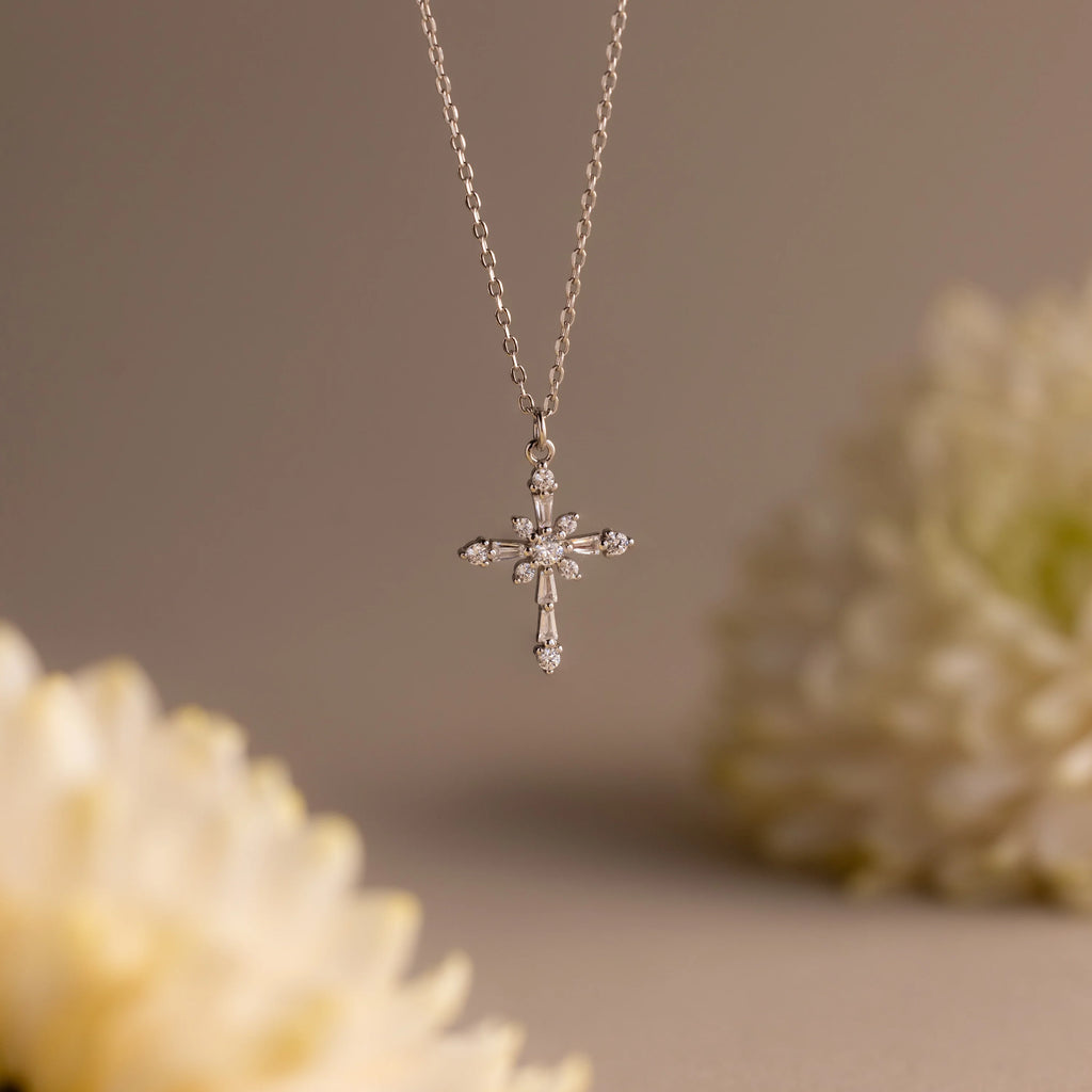 Vintage Diamond Cross Necklace Silver 18K Gold Plated