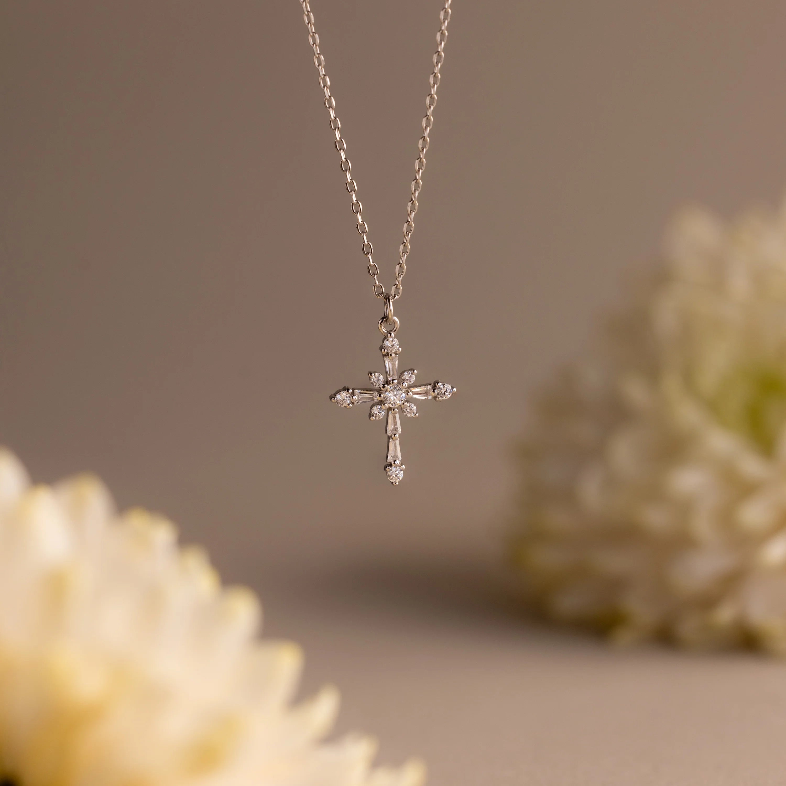 Vintage Diamond Cross Necklace Silver 18K Gold Plated