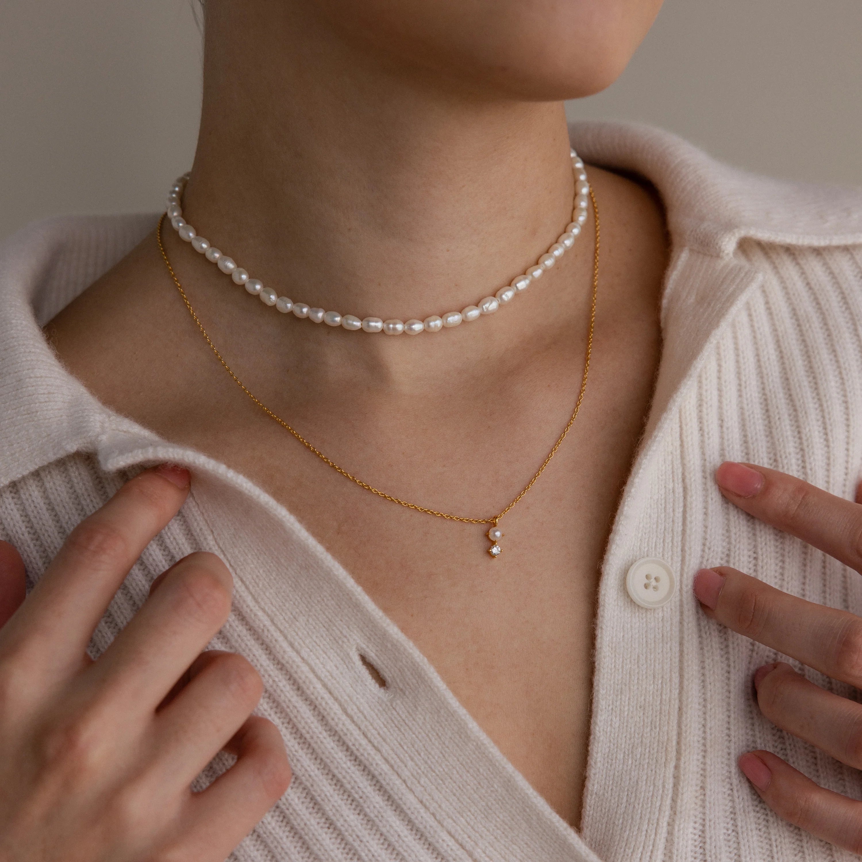 Pearl Diamond Drop Necklace Silver 18K Gold Plated