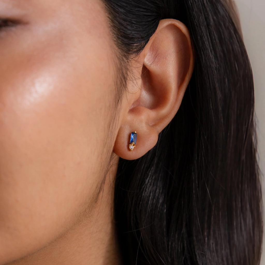 Blue Zircon Baguette Cut Drop Studs Silver 18K Gold Plated