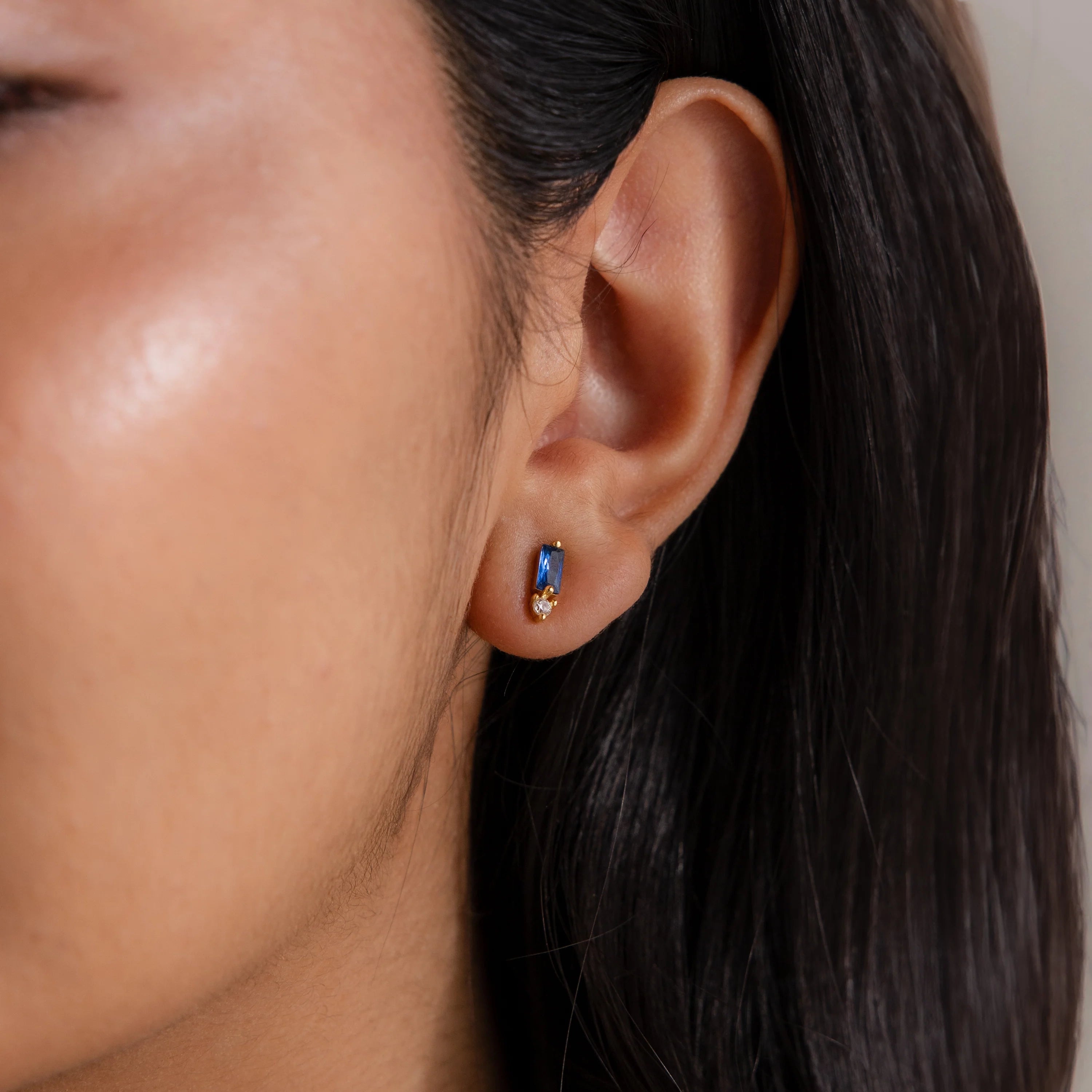 Blue Zircon Baguette Cut Drop Studs Silver 18K Gold Plated