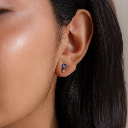 Blue Zircon Baguette Cut Drop Studs Silver 18K Gold Plated