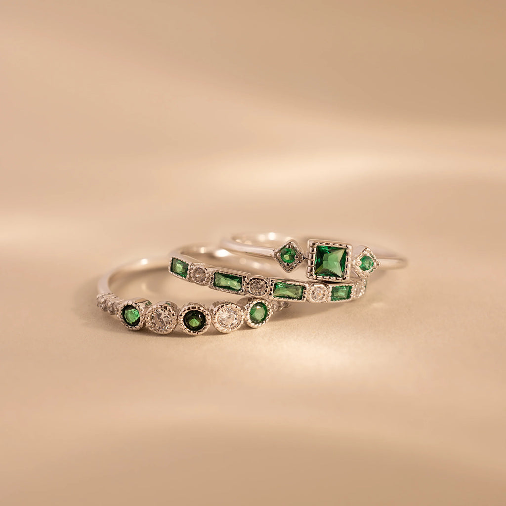 Emerald Stacking Ring Set Silver 18K Gold Plated