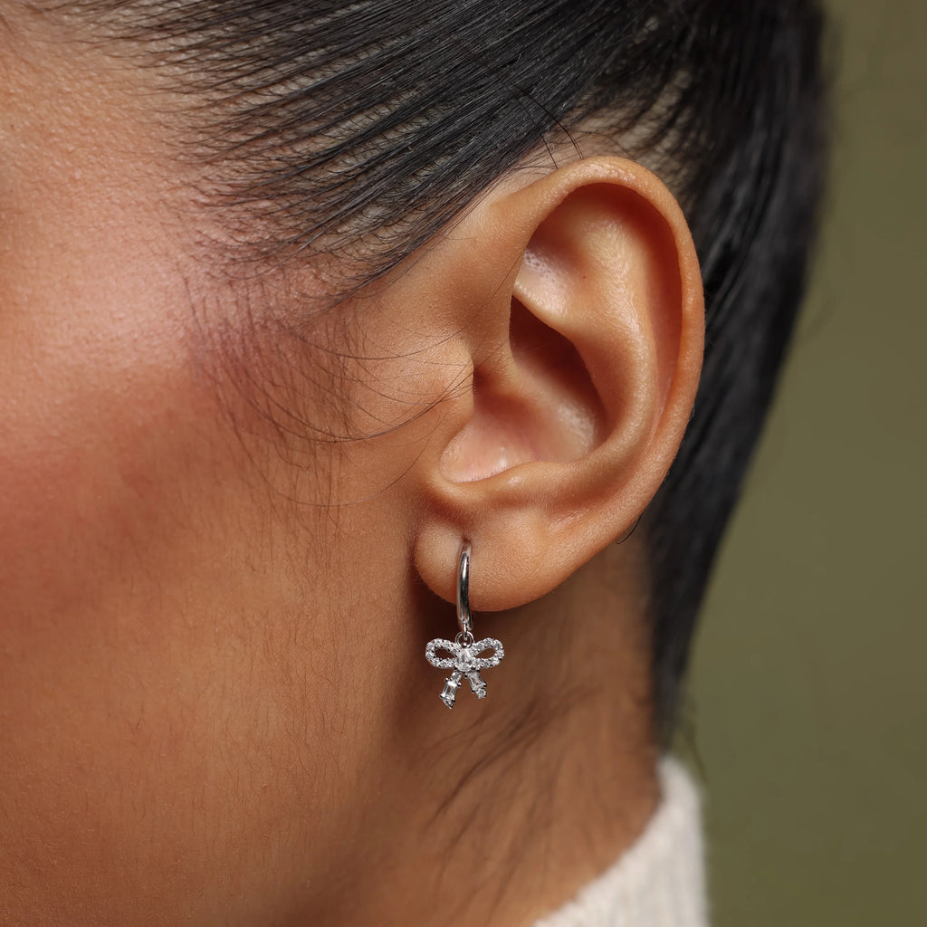 Pave Bow Charm Hoops Silver 18K Gold Plated