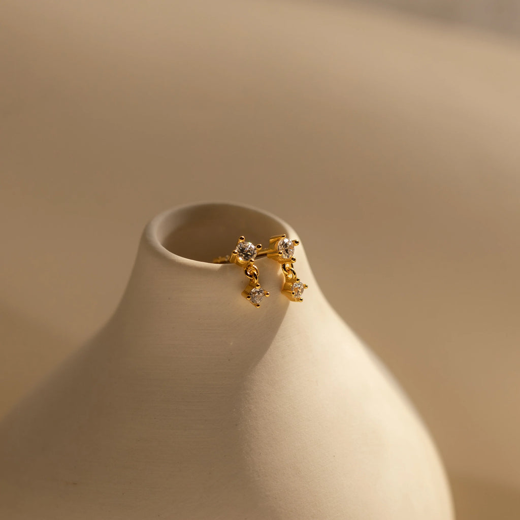 Diamond Drop Charm Studs Silver 18K Gold Plated