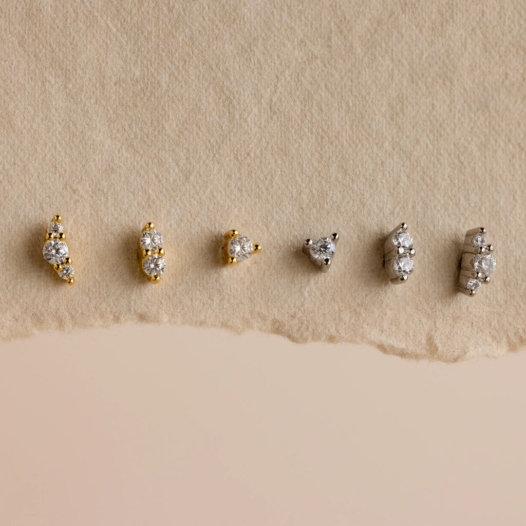 Diamond Flatback Studs Set Silver 18K Gold Plated