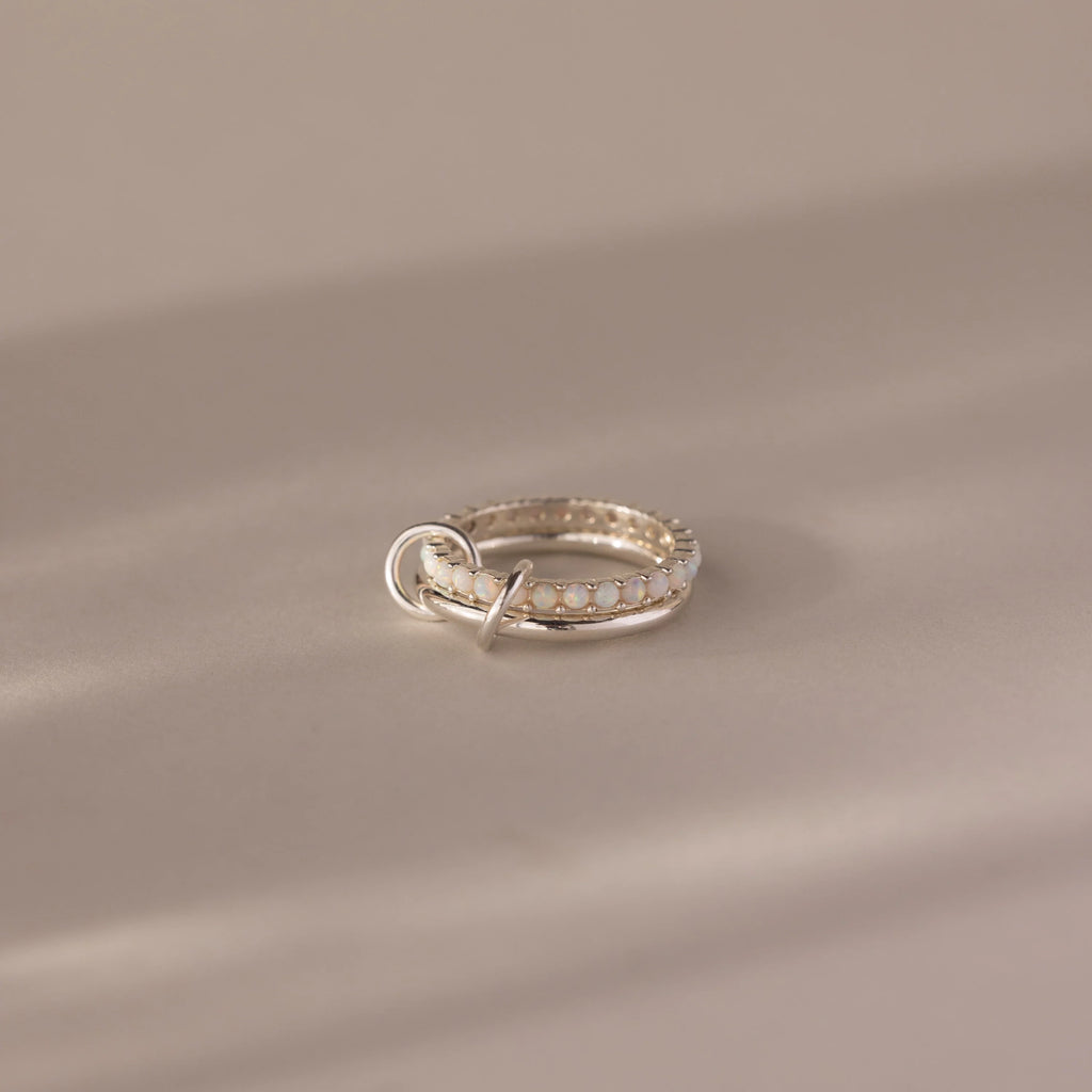 Opal Tennis Eternity Band Linked Ring Set Silver 18K Gold Plated
