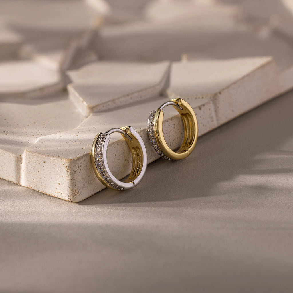 Half Pave Huggies in Mixed Metal Silver 18K Gold Plated