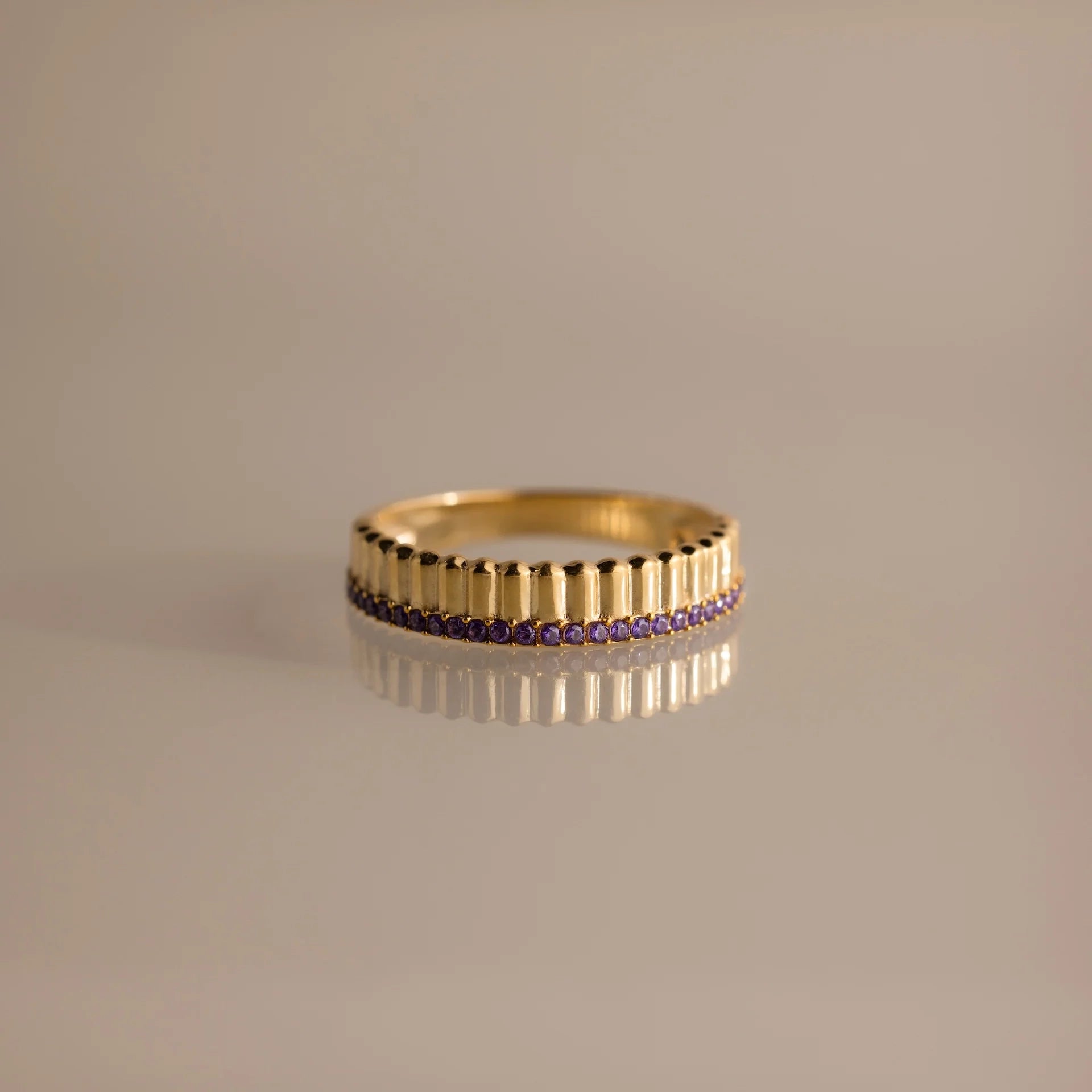 Ribbed Amethyst Stack Ring Silver 18K Gold Plated