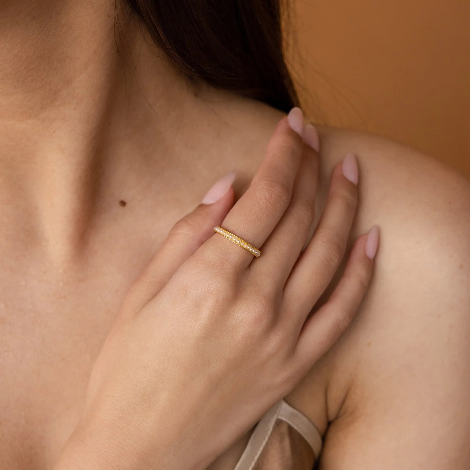 Alicia Pearl Inlay Band Silver 18K Gold Plated
