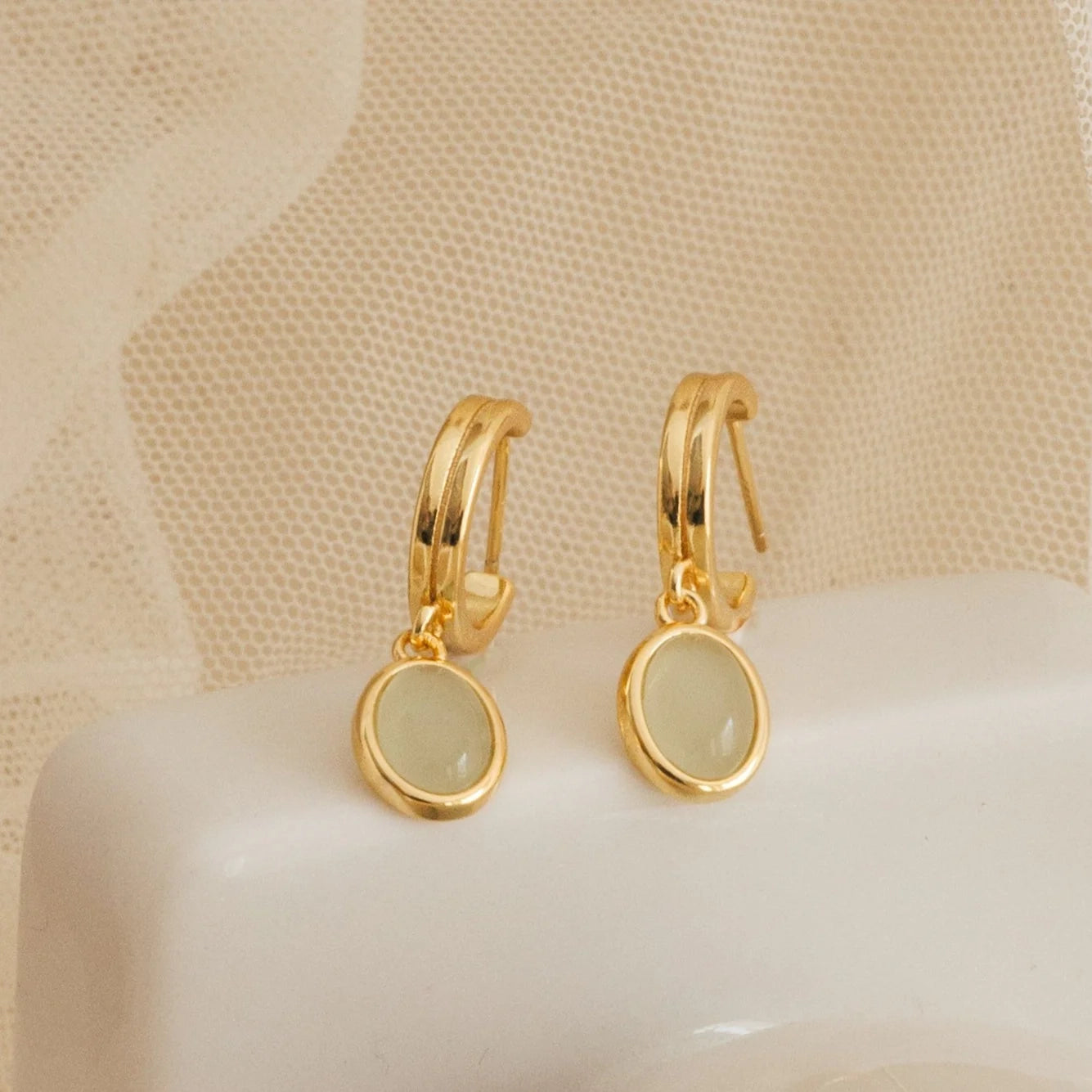 Jade Diamond Drop Hoops Silver 18K Gold Plated
