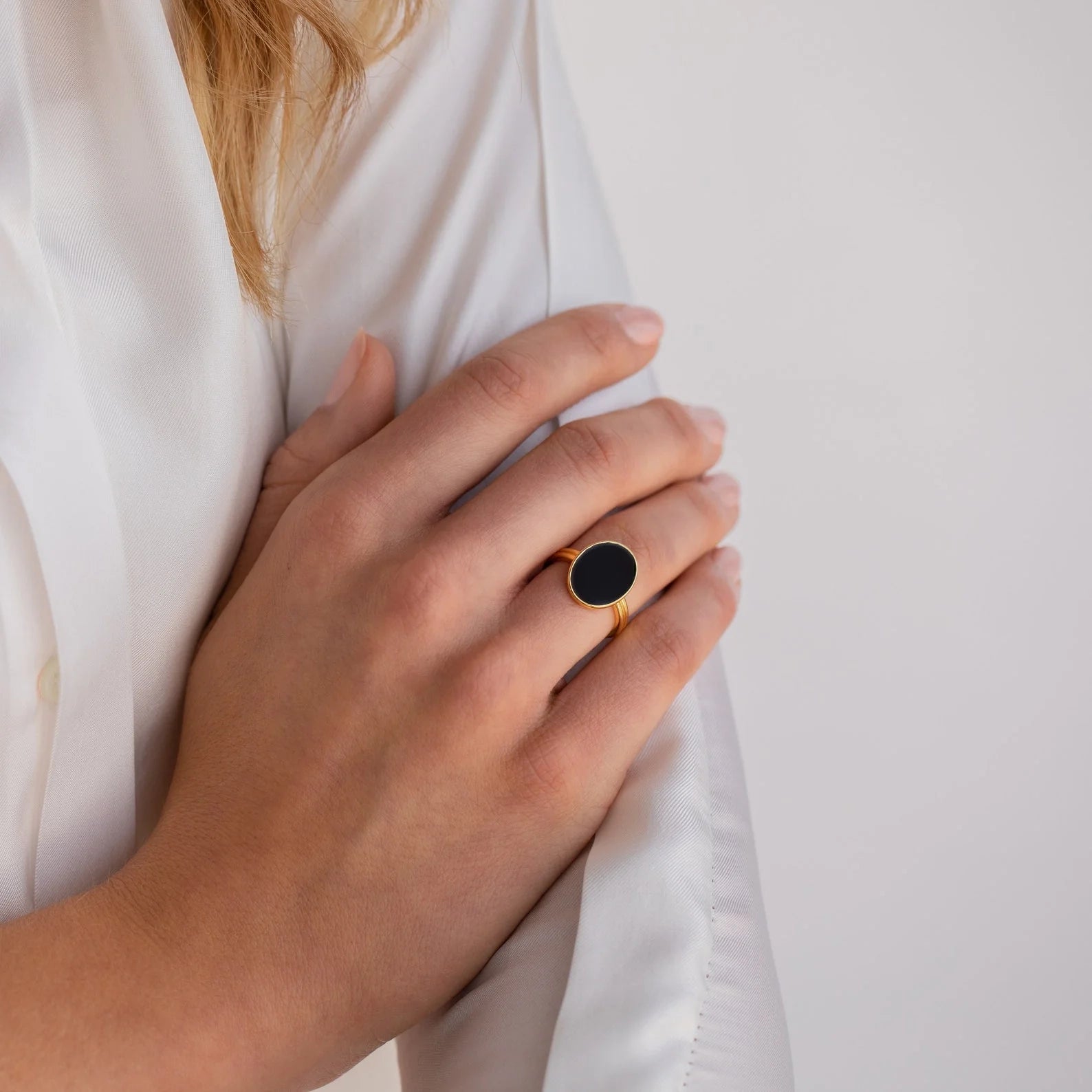 Black Onyx Signet Ring  Silver 18K Gold Plated