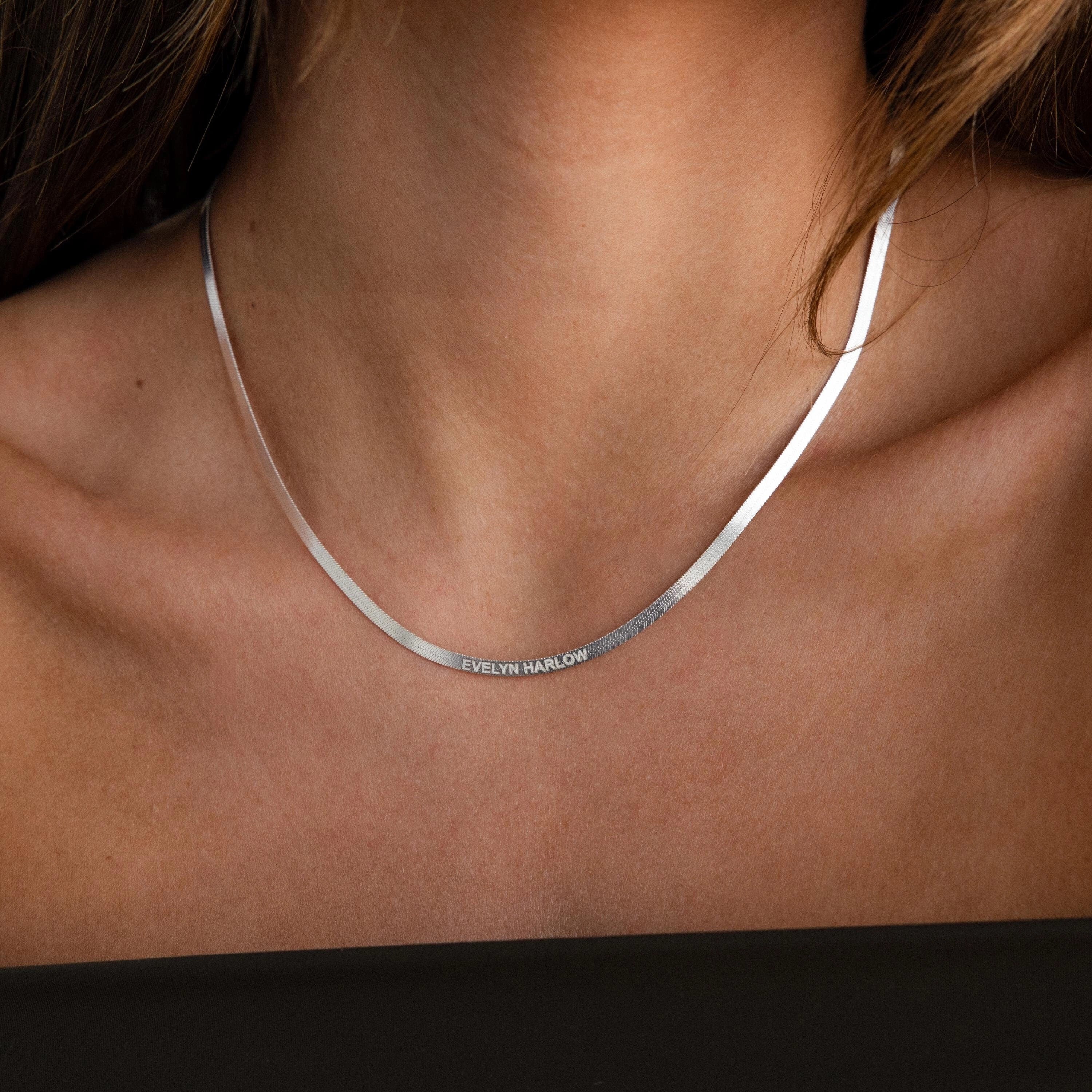Engraved Herringbone Chain Necklace Silver 18K Gold Plated