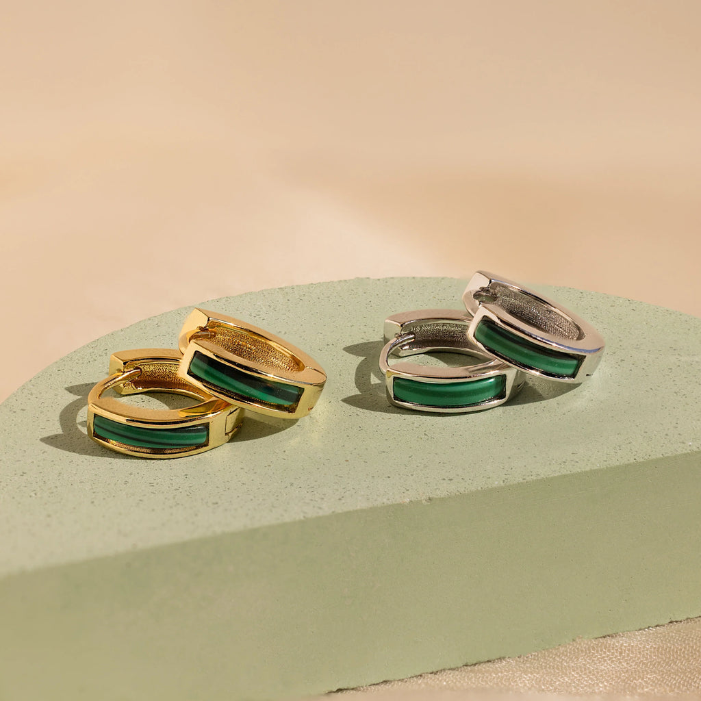 Malachite Inlay Huggies Silver 18K Gold Plated