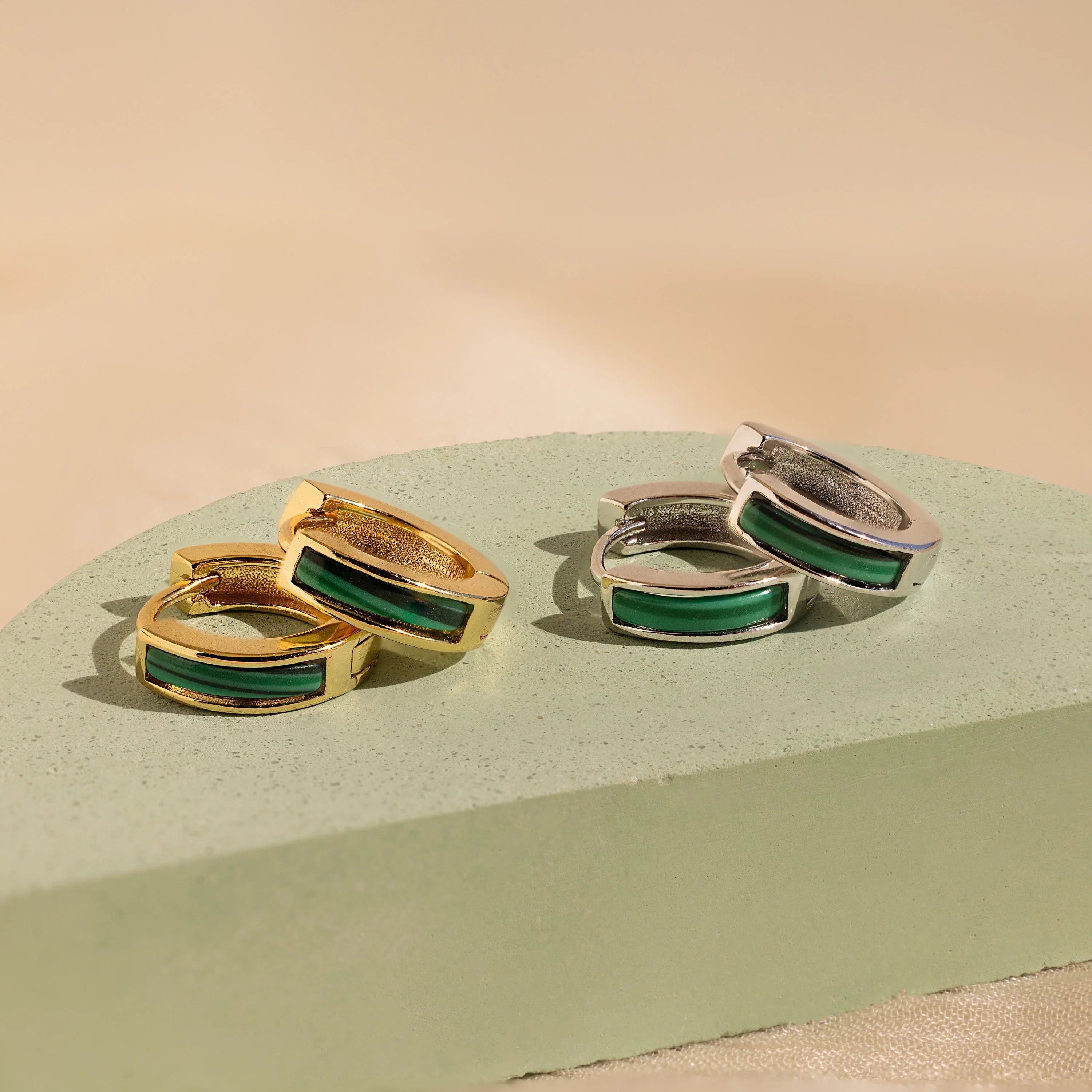 Malachite Inlay Huggies Silver 18K Gold Plated