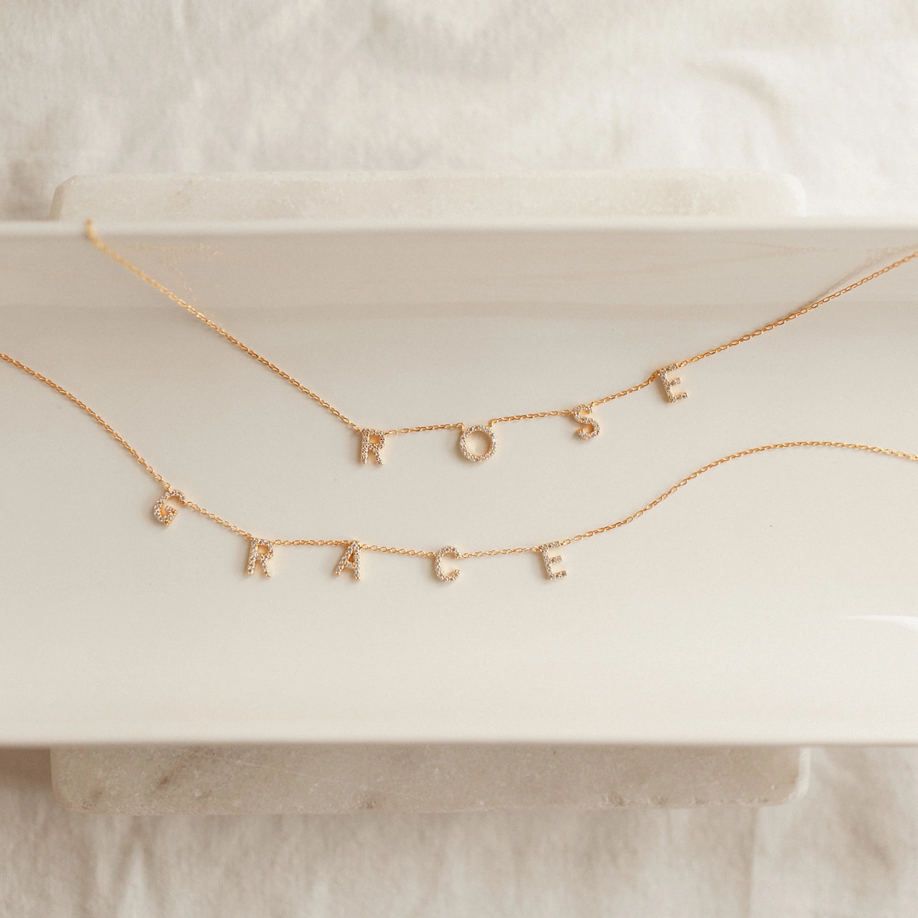 Pave Letter Necklace Silver 18K Gold Plated