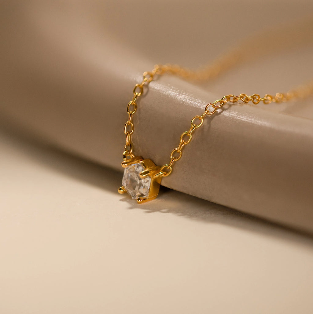 Hexagonal Diamond Charm Necklace Silver 18K Gold Plated