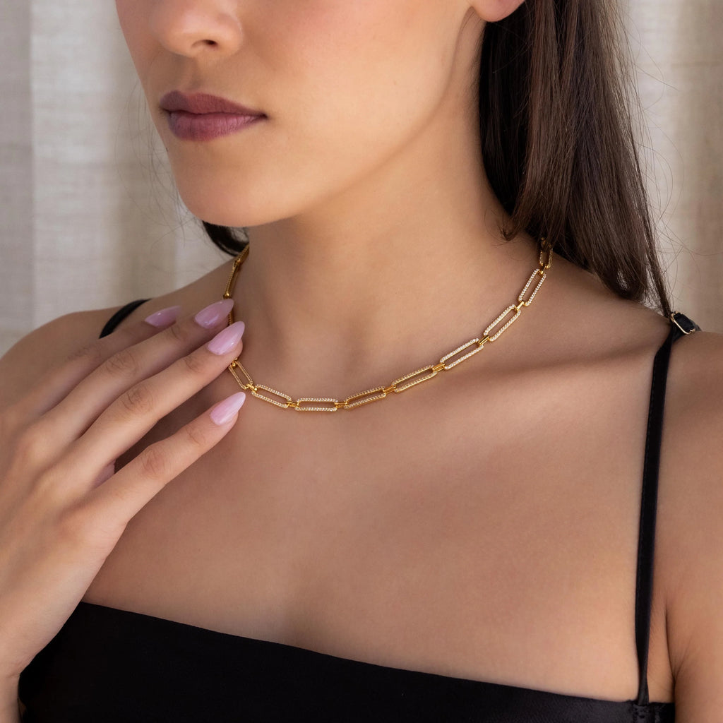 Diamond Link Chain Necklace Silver 18K Gold Plated