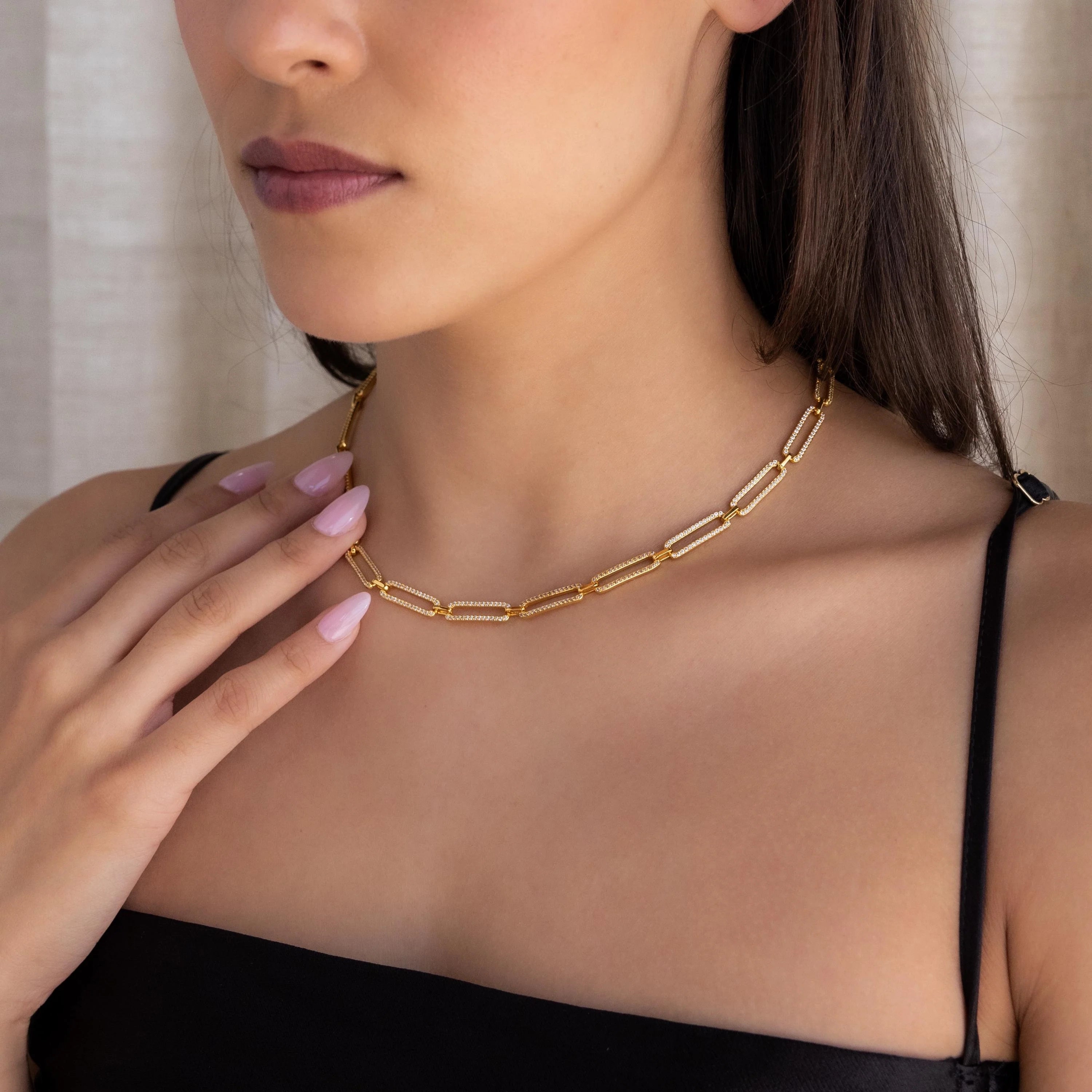 Diamond Link Chain Necklace Silver 18K Gold Plated