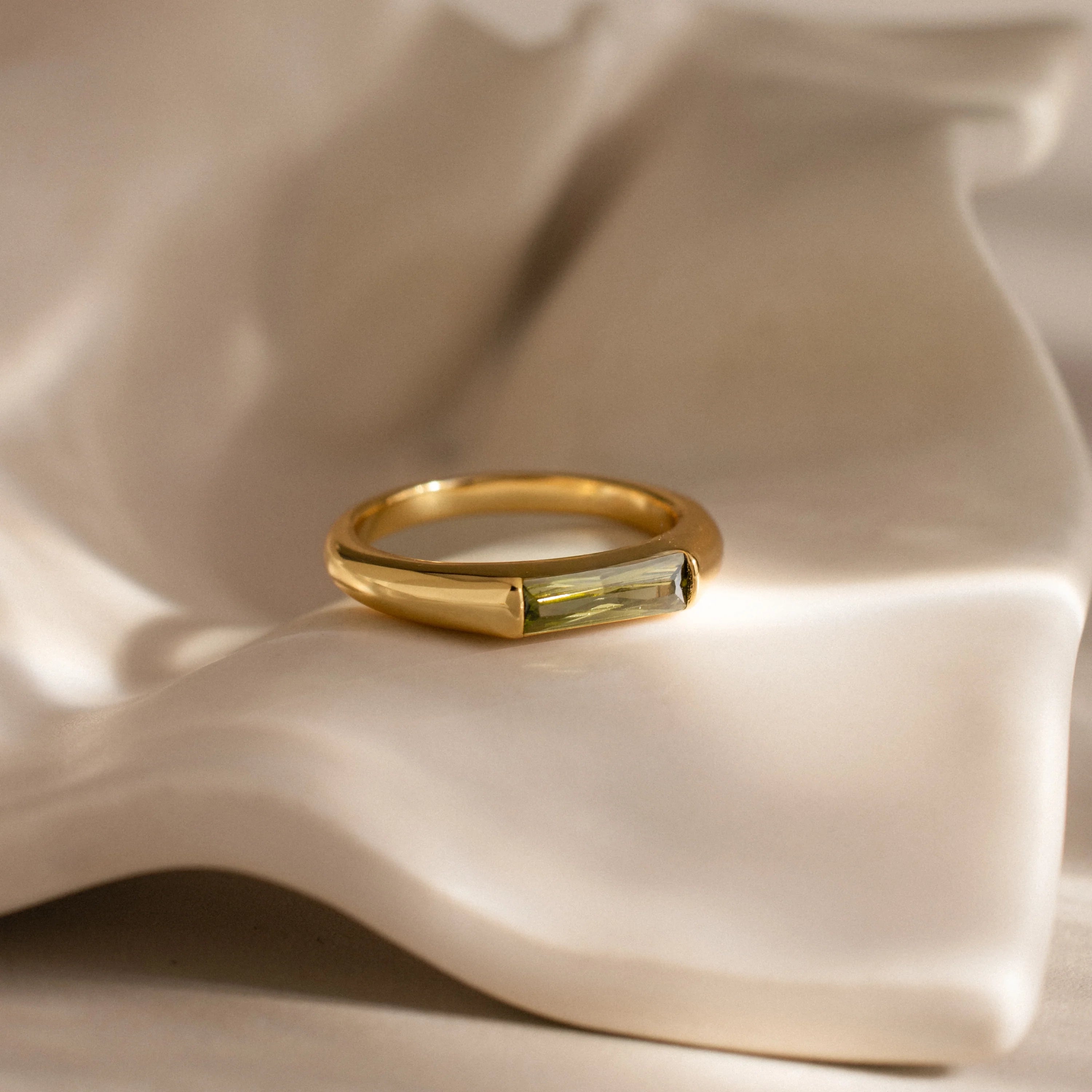 Peridot Baguette Signet Ring Silver 18K Gold Plated