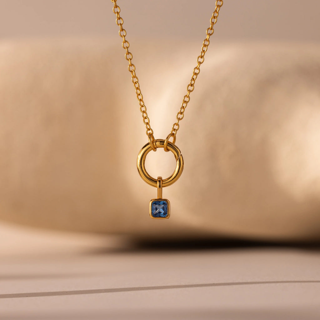 Square Bezel Blue Zircon Charm Silver 18K Gold Plated