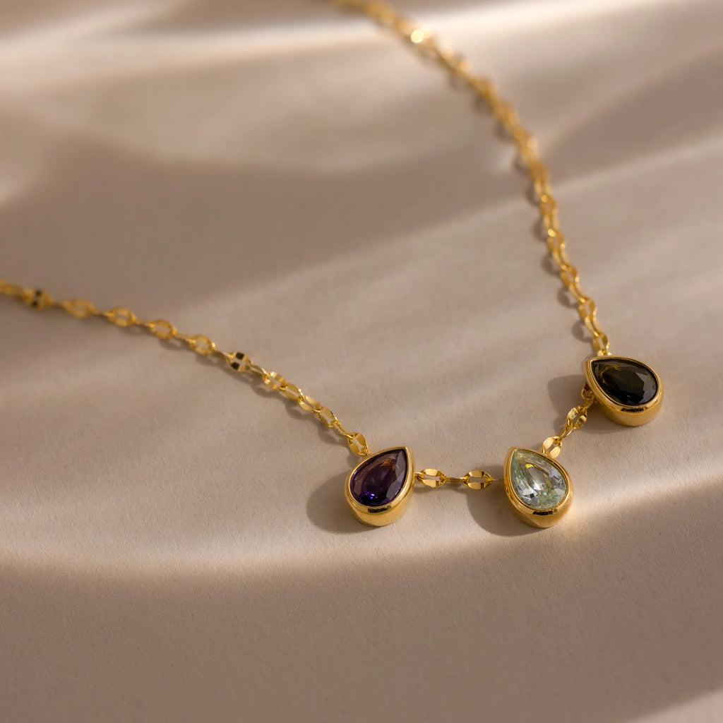 Multiple Teardrop Birthstone Necklace  Silver 18K Gold Plated