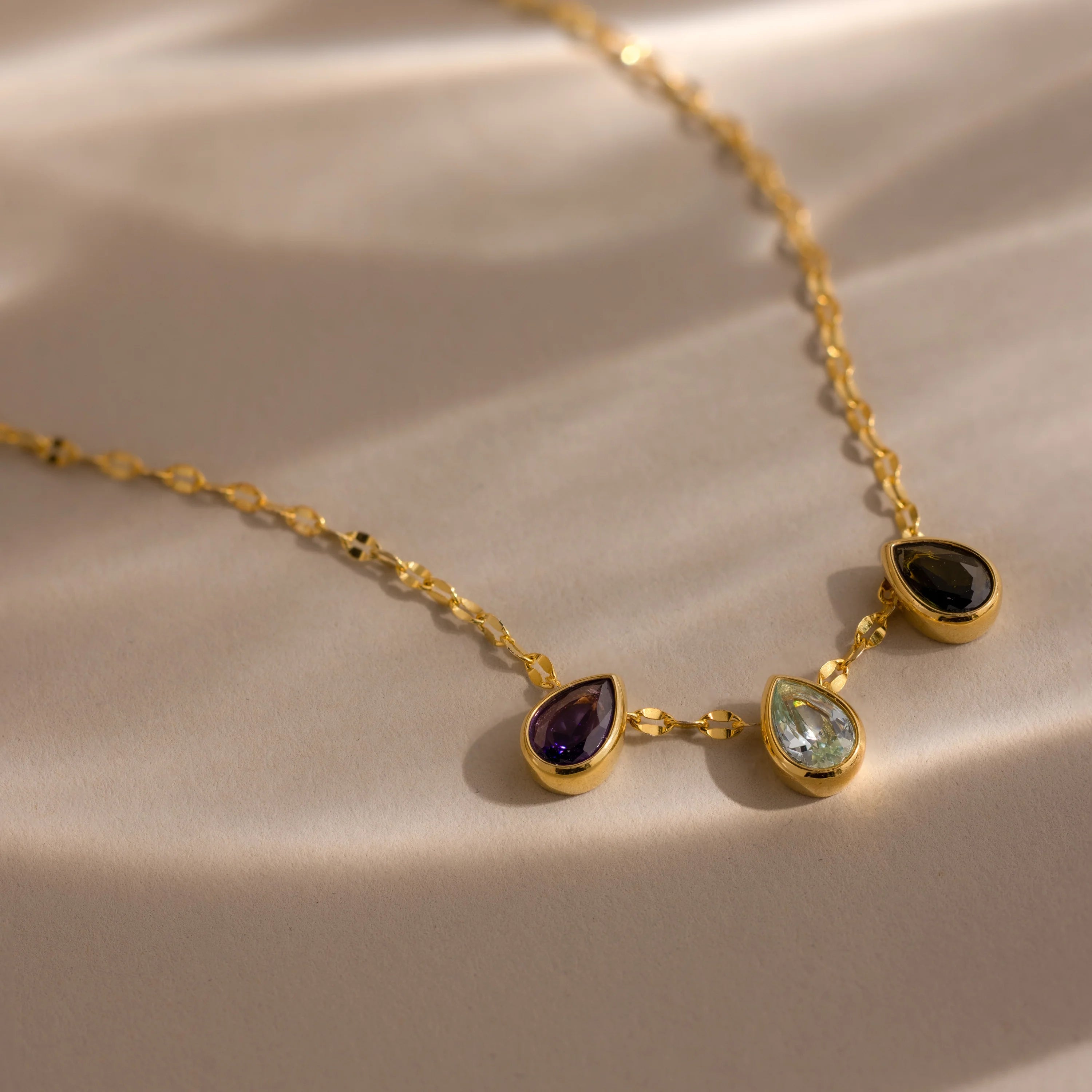 Multiple Teardrop Birthstone Necklace  Silver 18K Gold Plated