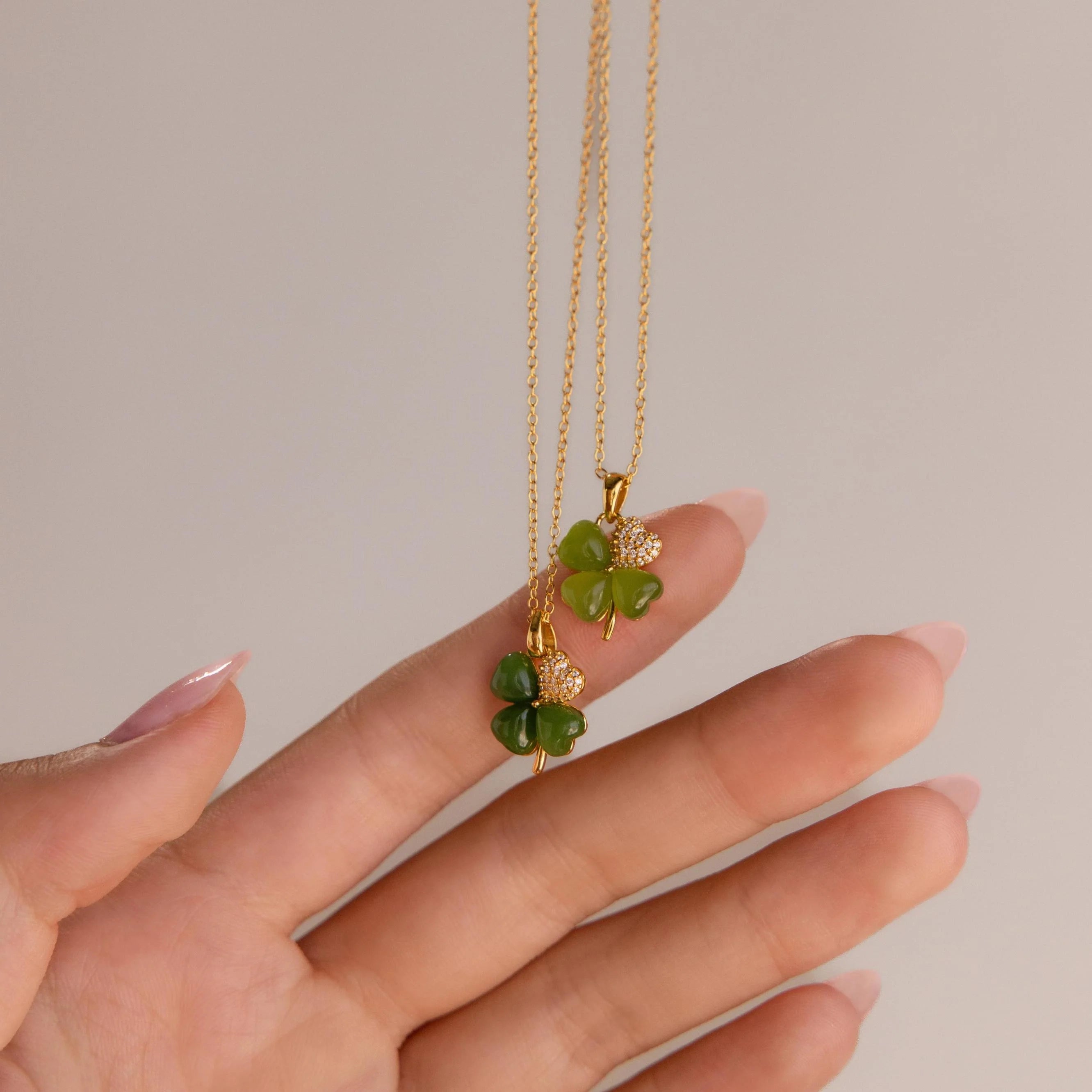 Pave Jade Clover Necklace Silver 18K Gold Plated