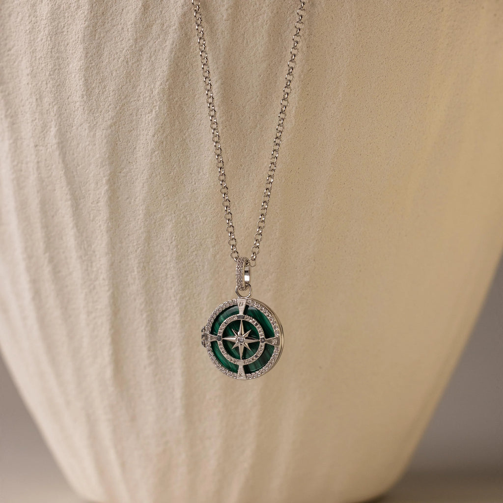 Malachite Compass Locket Necklace Silver 18K Gold Plated