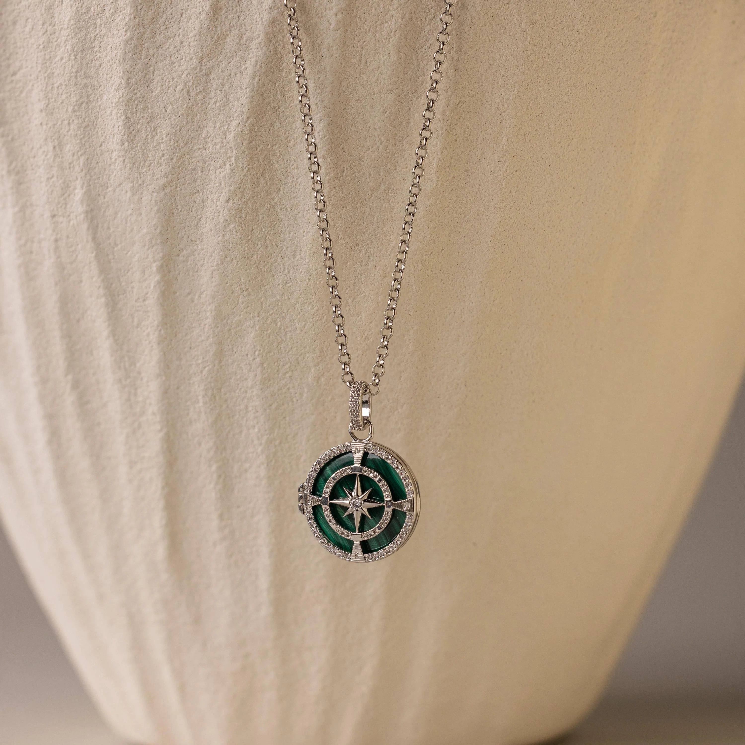 Malachite Compass Locket Necklace Silver 18K Gold Plated