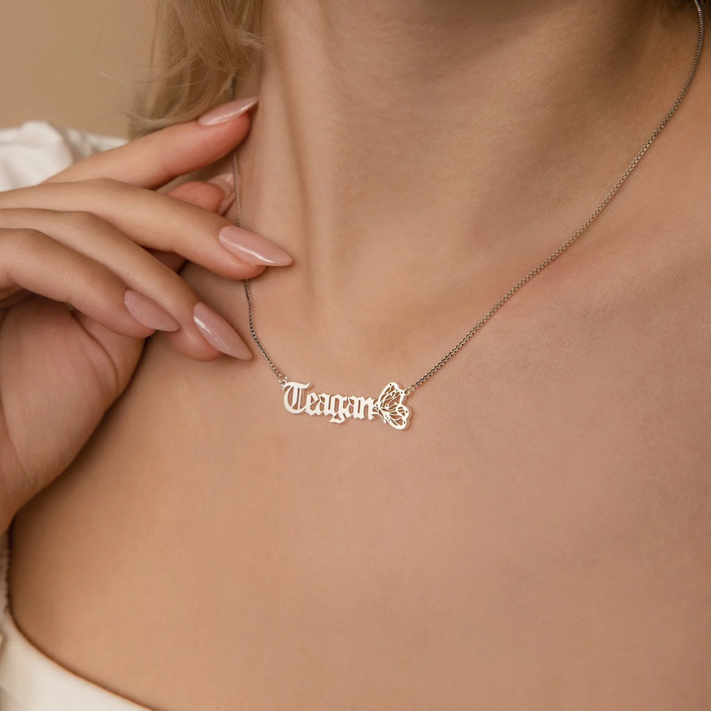 Butterfly Name Box Chain Necklace Silver 18K Gold Plated