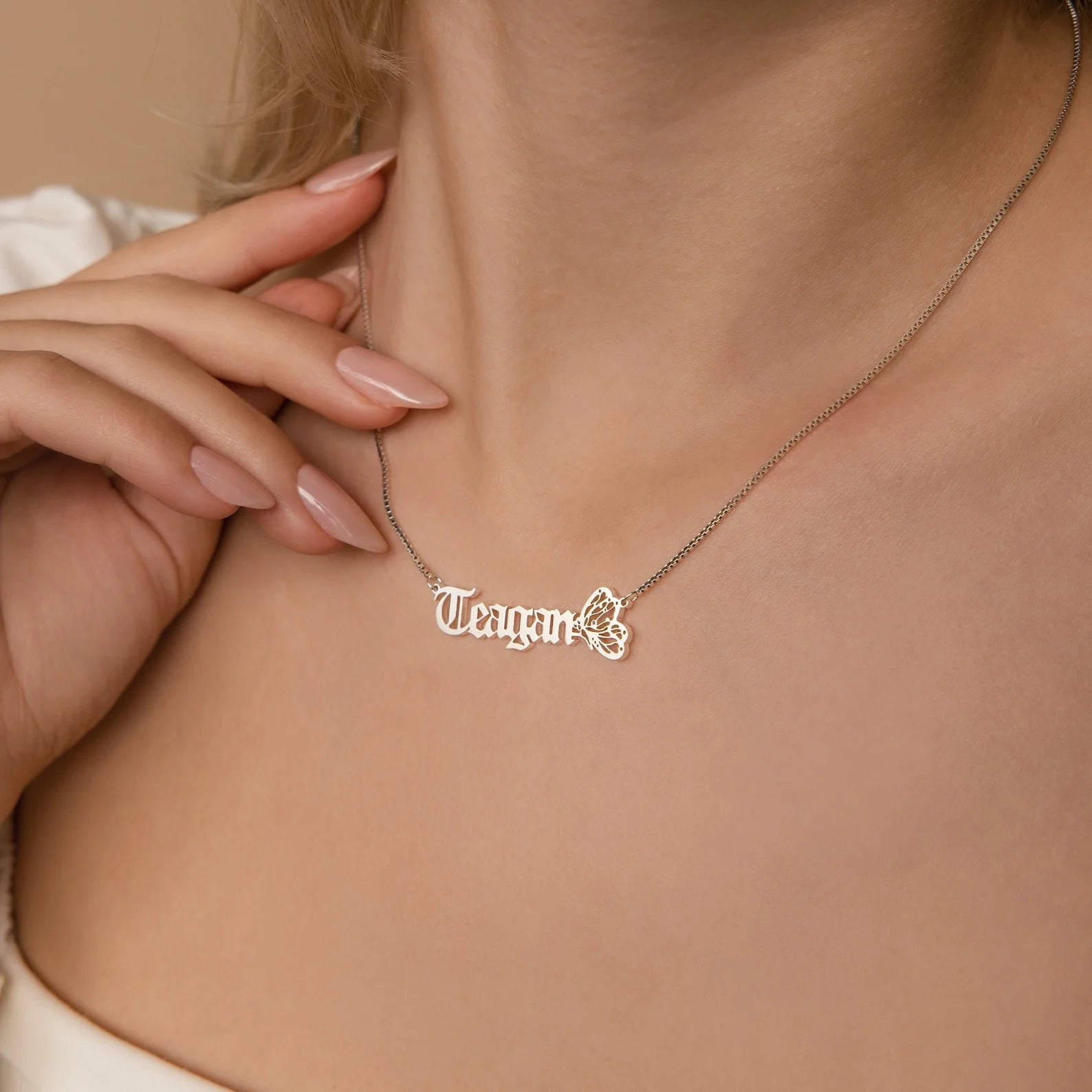 Butterfly Name Box Chain Necklace Silver 18K Gold Plated