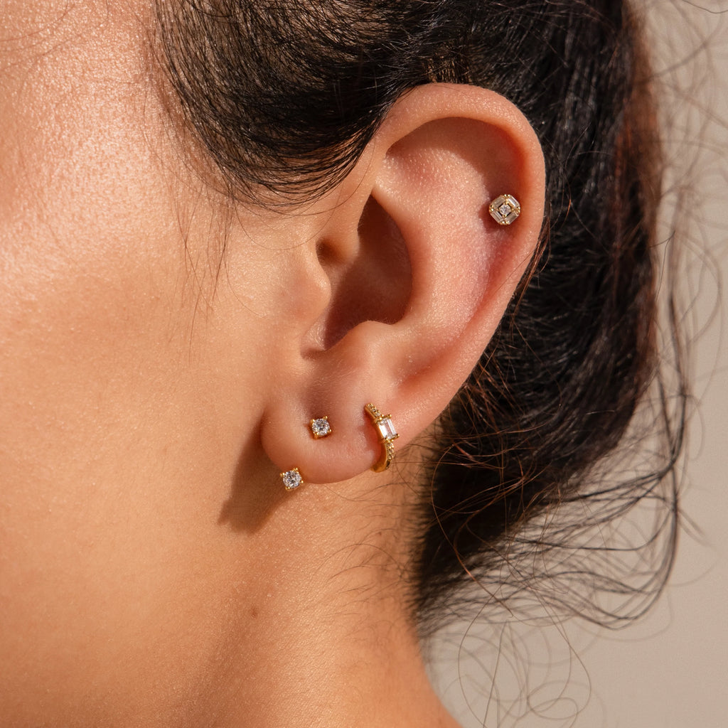 Diamond Art Deco Flatback Studs Silver 18K Gold Plated