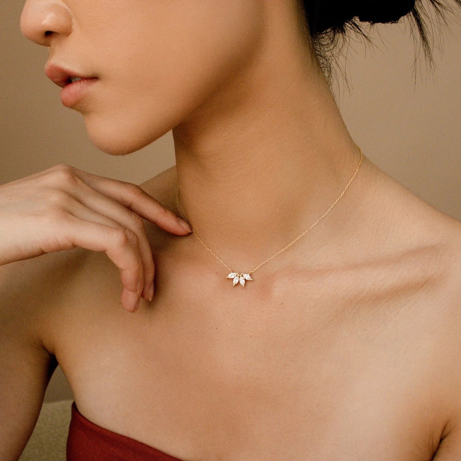 Marquise Diamond Flower Necklace Silver 18K Gold Plated