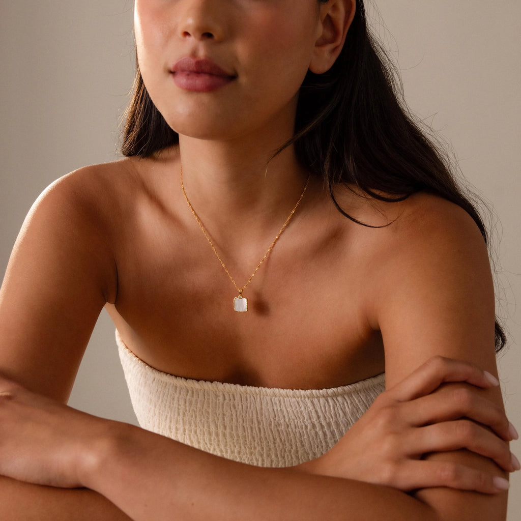 Mother of Pearl Charm Necklace Silver 18K Gold Plated