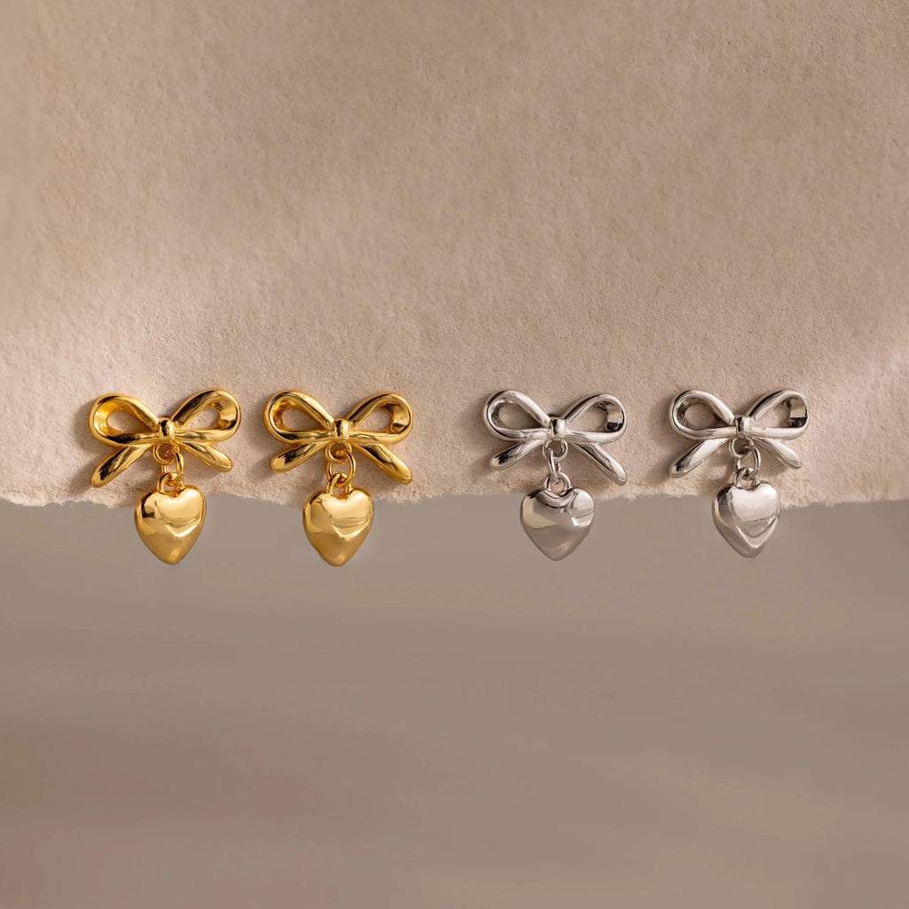 Bow Heart Studs Silver 18K Gold Plated