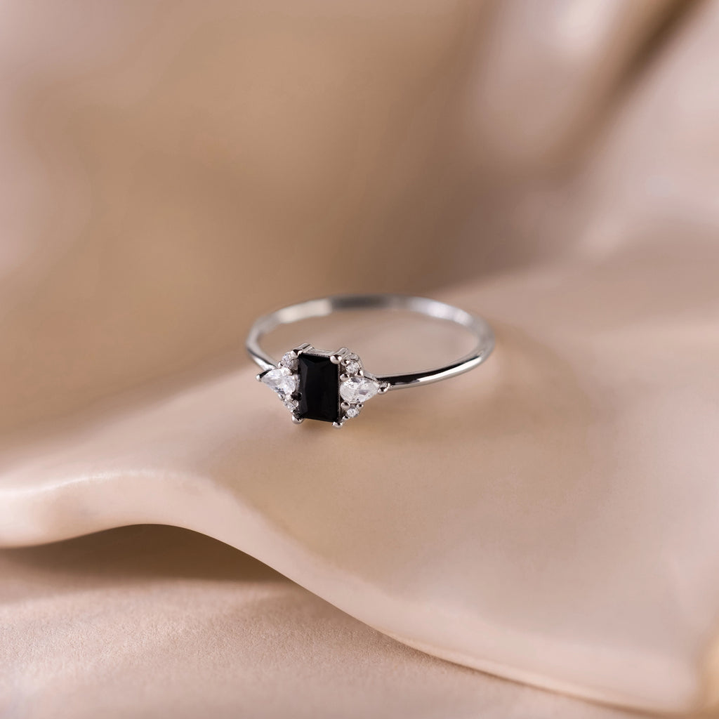 Diamond Black Baguette Onyx Ring Silver 18K Gold Plated